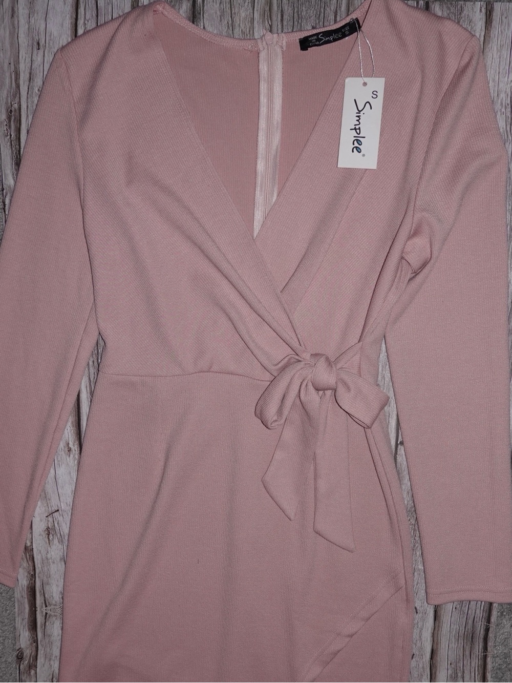 Simple Dusty Pink Wrap Tie-Front Long Sleeve Dress